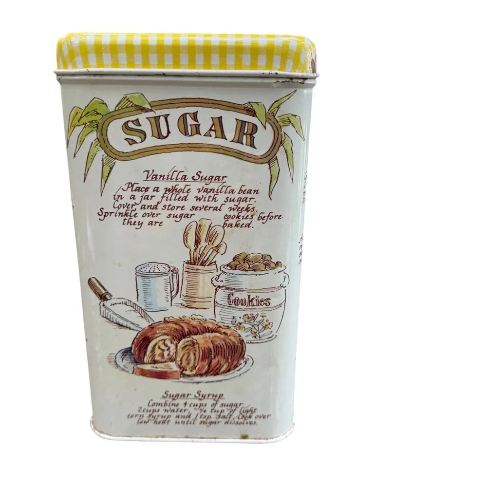 Vintage 4 Pc Metal Canister Set Recipe Flour Sugar Coffee Tea Yellow Gingham